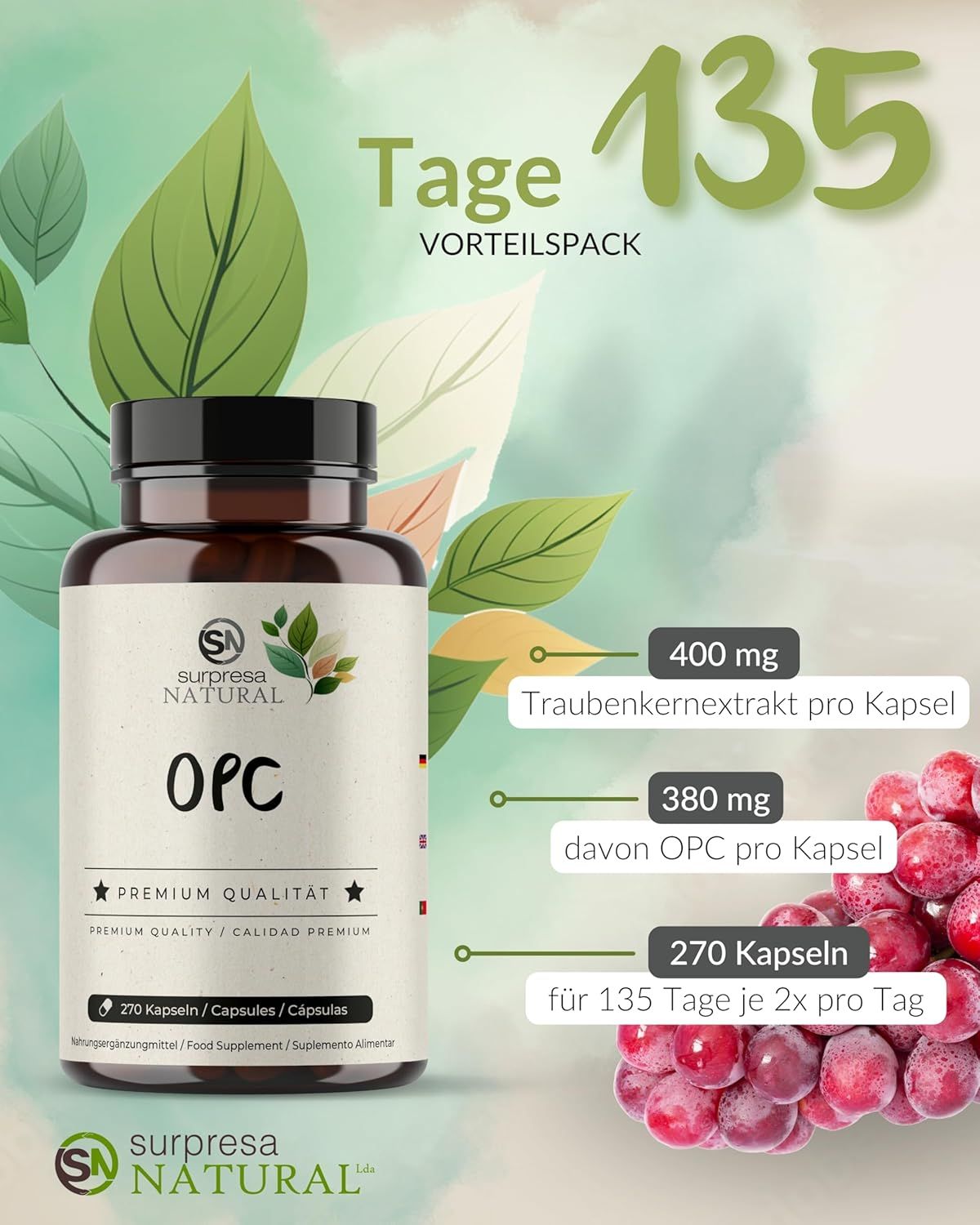 Flacone 'OPC' con testo: '270 Kapseln'. Grafici con informazioni sugli ingredienti e il dosaggio.