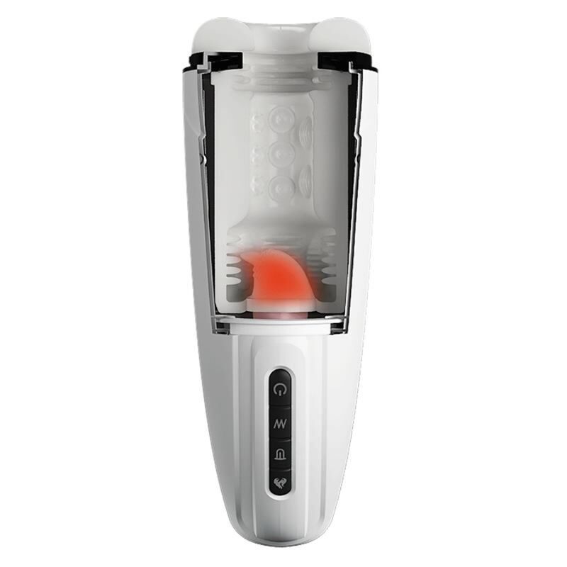 Vista in sezione di un masturbatore bianco con parte interna illuminata e controlli.