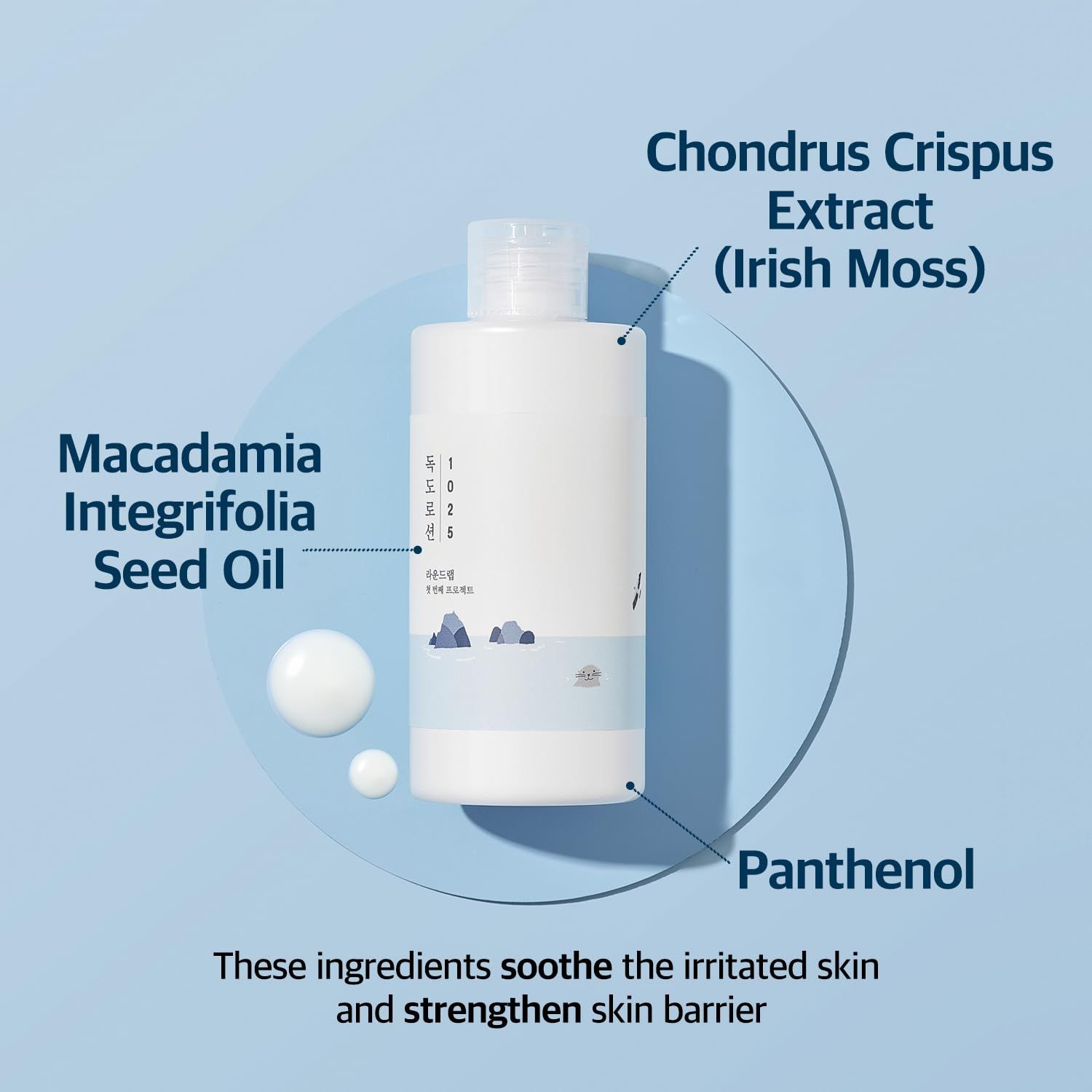 Flacone di lozione bianco con illustrazioni degli ingredienti: Chondrus Crispus, olio di macadamia, pantenolo.
