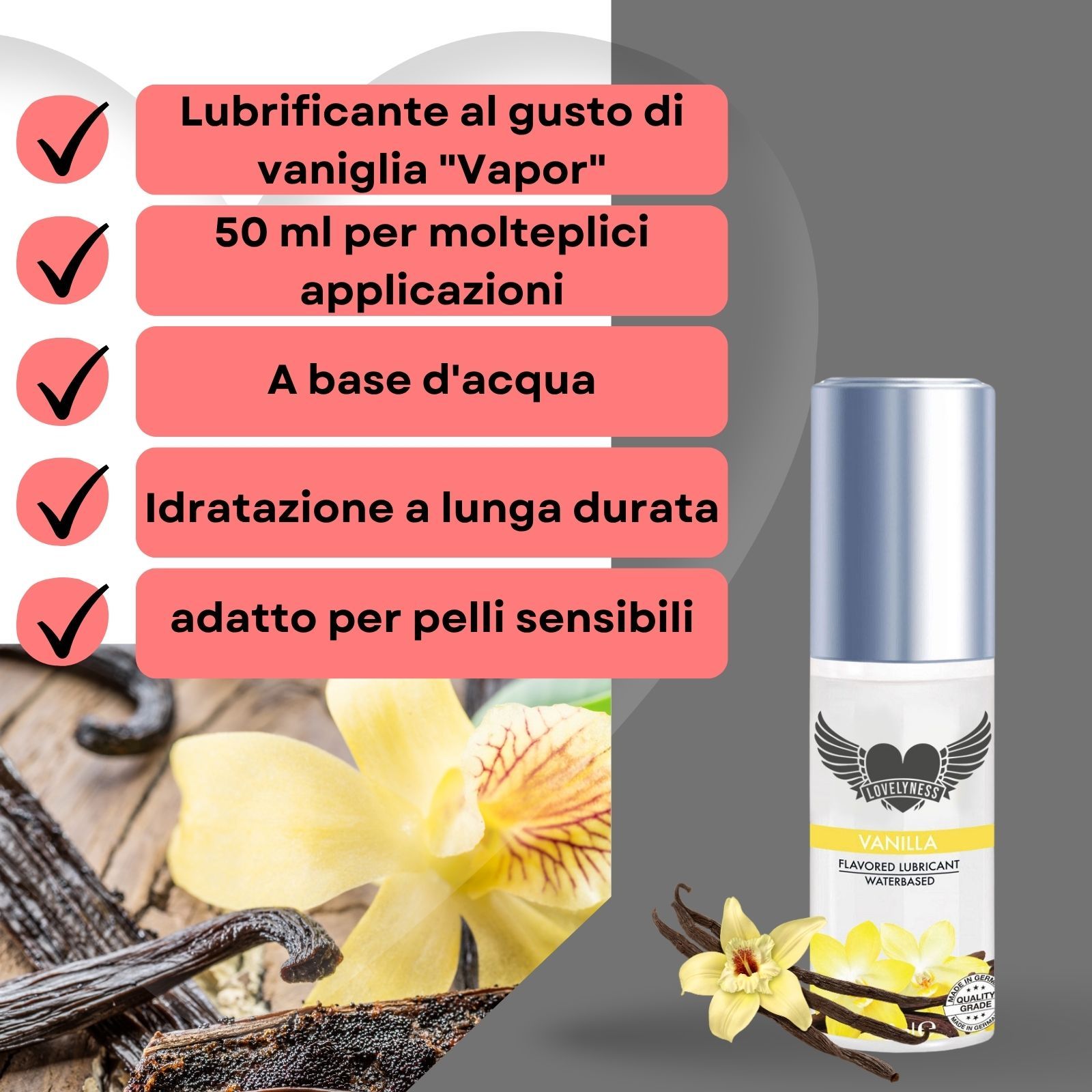 Lubrificante al gusto vaniglia. 50 ml. A base d'acqua. Idratazione a lunga durata. Adatto a pelli sensibili.
