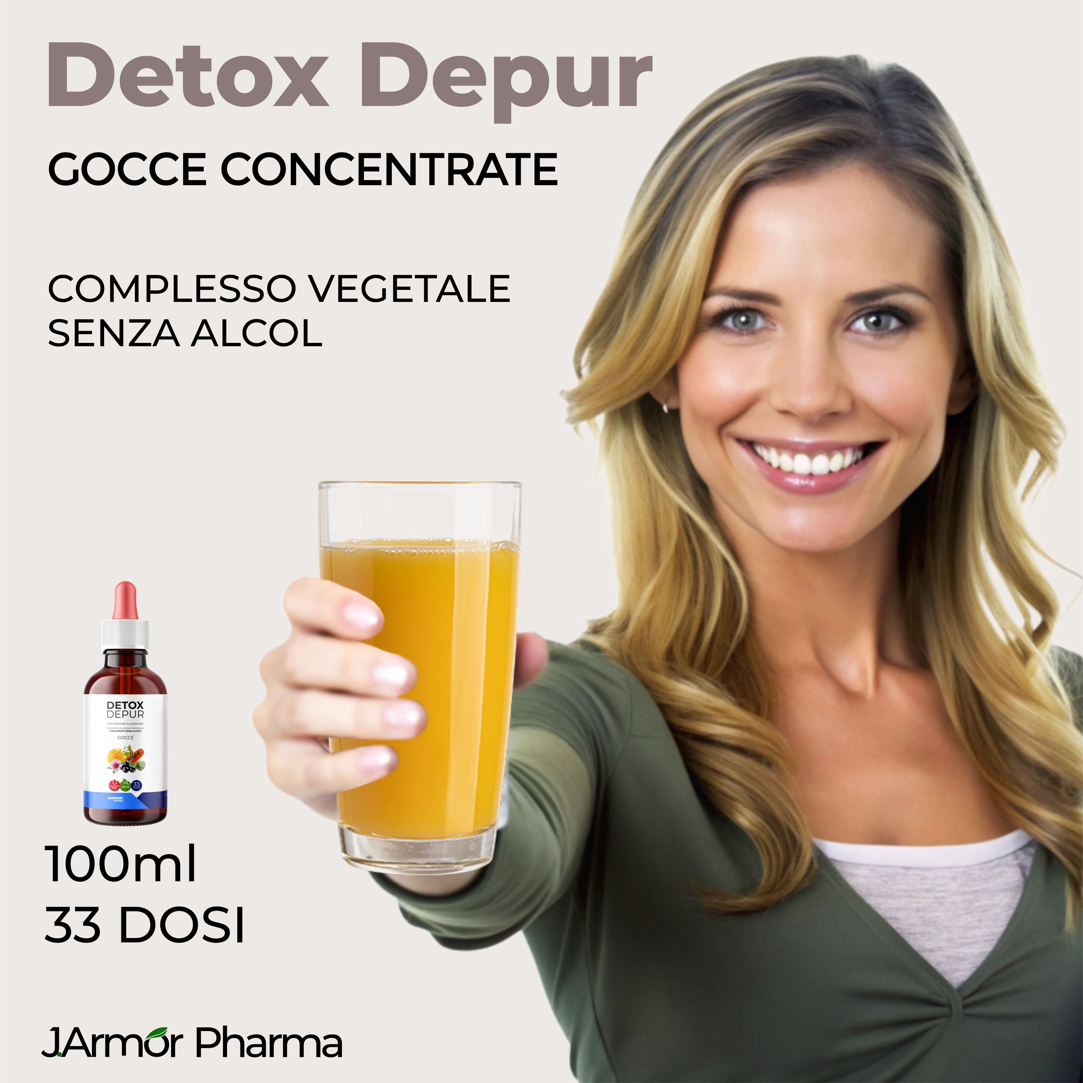 Donna tiene bicchiere con bevanda gialla. Accanto, flacone Detox Depur. Testo: 100ml, 33 dosi. J'Armor Pharma.