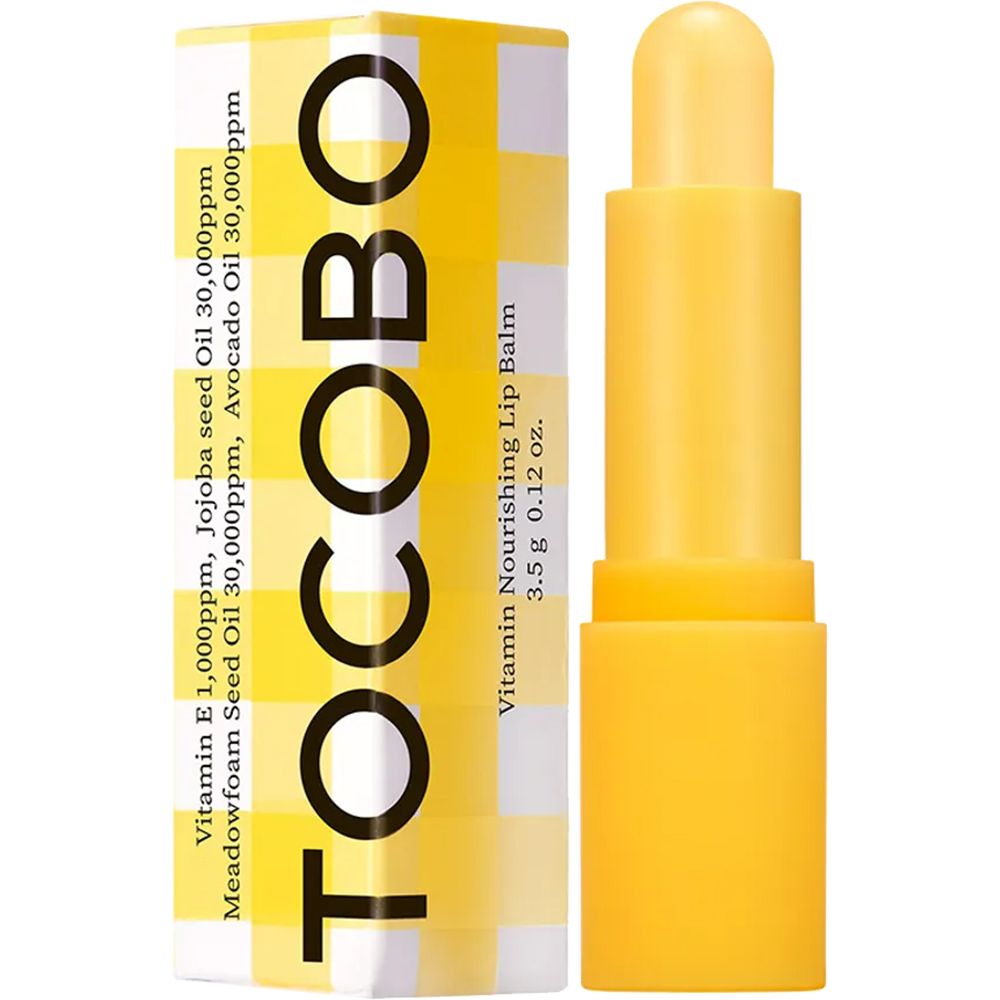 Balsamo per le labbra giallo e confezione. Scritta TOCOBO, Vitamin Nourishing Lip Balm. Ingredienti sulla confezione.