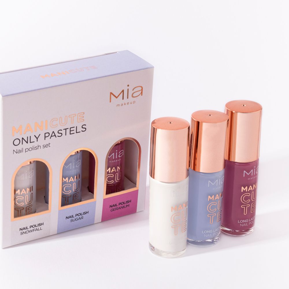 Set smalti Mia Makeup Manicute Only Pastels. Tre flaconi, una scatola. Colori: bianco, azzurro, rosa. Tappi dorati.