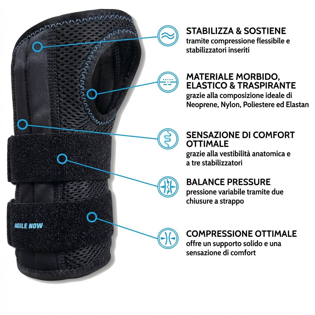 Tutore per polso nero. Chiusure in velcro, tessuto a rete. Testo: AGILE NOW. Didascalie: Stabilizza, elastico, confortevole, equilibrio, compressione.