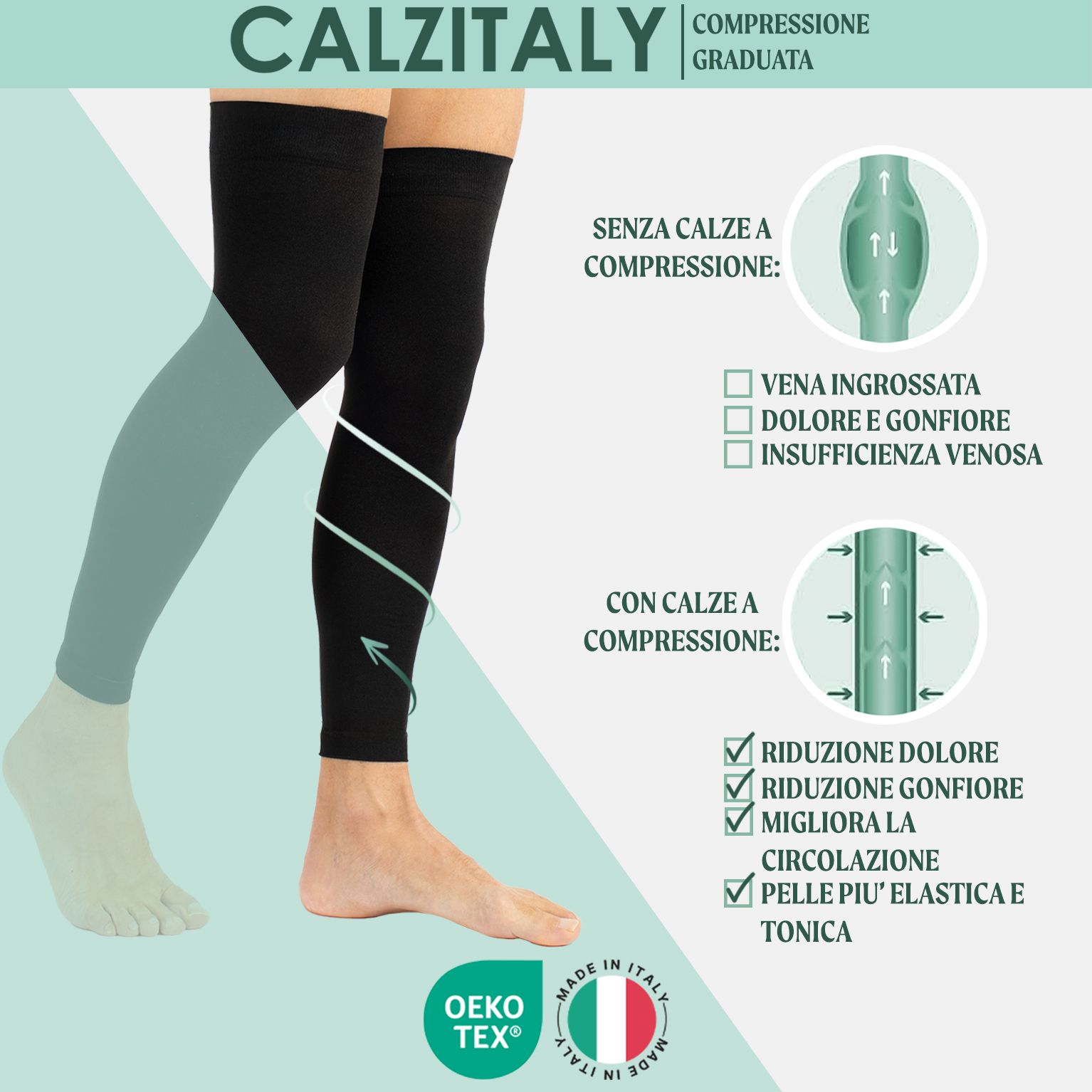 Gambali CALZITALY neri, con vantaggi. OEKO-TEX e Made in Italy.