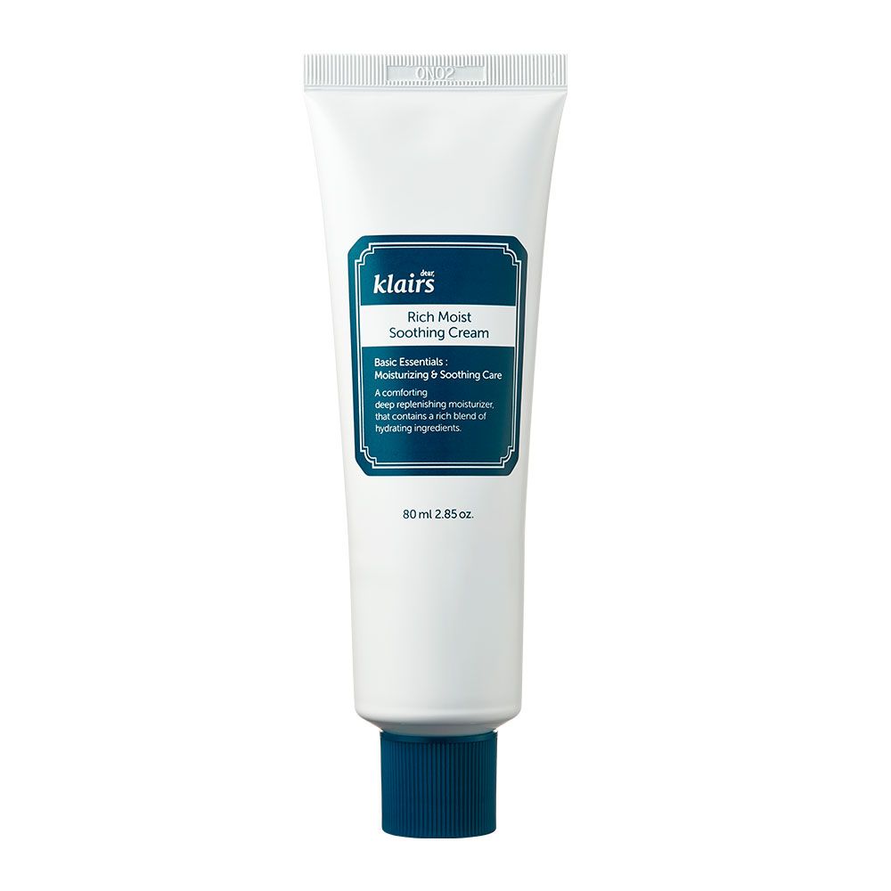 Tubo bianco, tappo blu. Scritta: Klairs Rich Moist Soothing Cream. 80 ml.