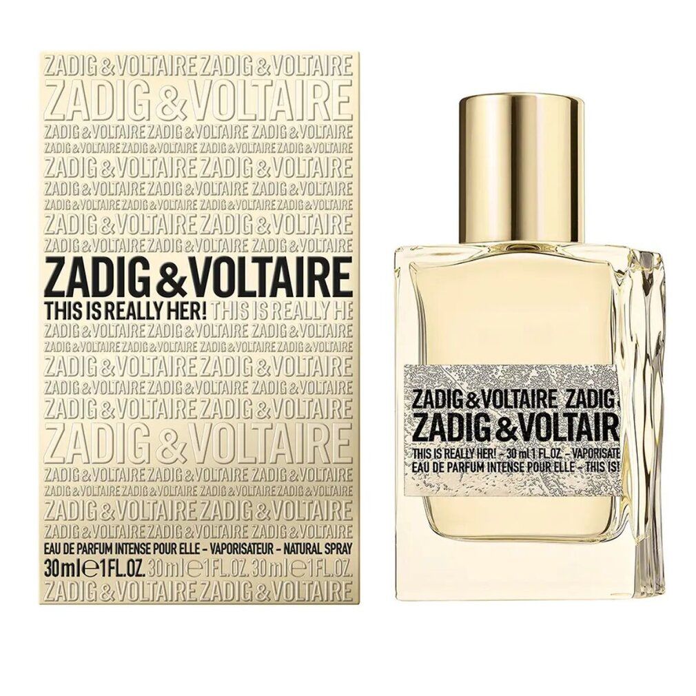 Flacone di profumo Zadig & Voltaire e confezione. Forma rettangolare, tappo dorato. Confezione con nome del prodotto.