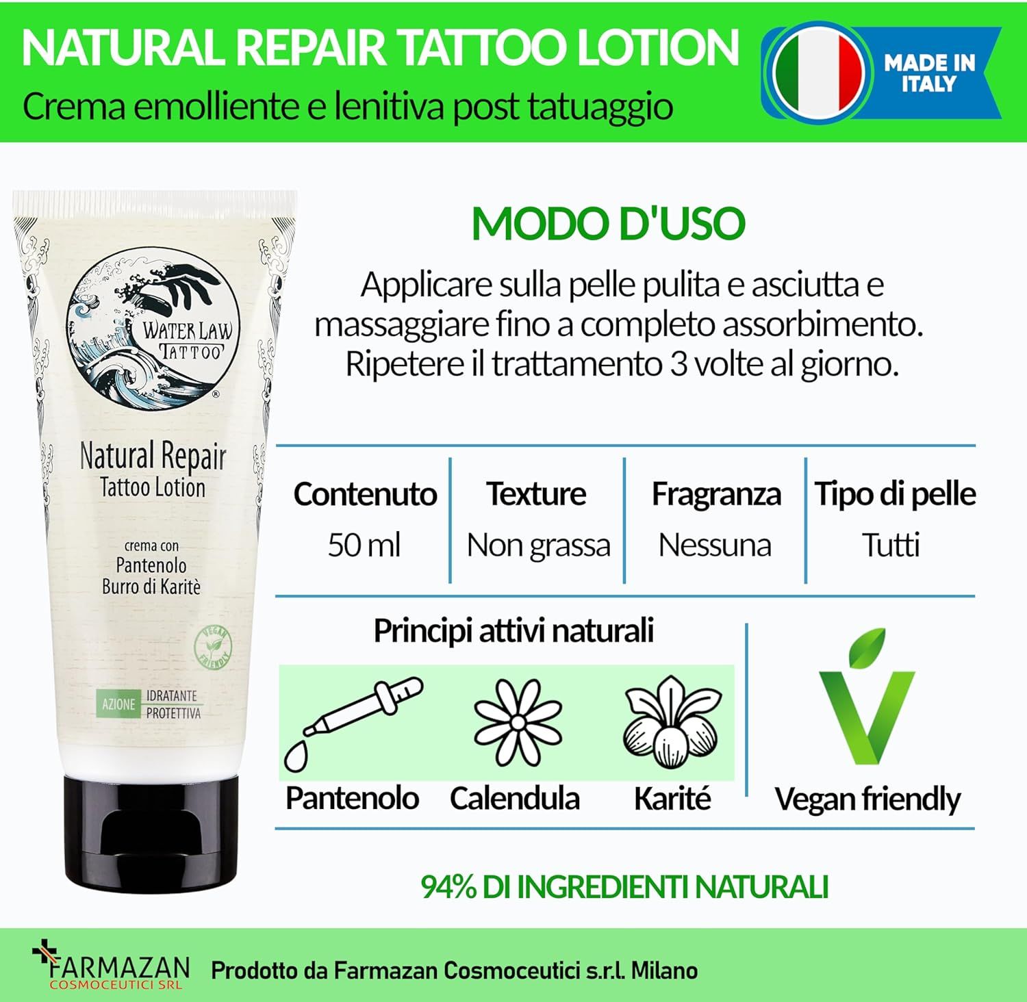 Tubo di crema con informazioni per l'uso. Testo: Natural Repair Tattoo Lotion. Contiene 50 ml. Vegan friendly. Made in Italy.