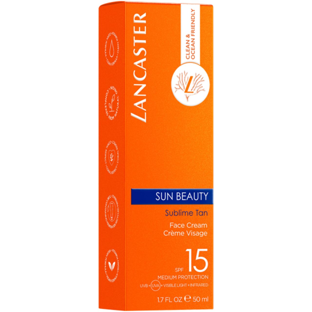 Confezione arancione con testo bianco. Lancaster Sun Beauty, SPF 15. Crema viso. Ocean Friendly.
