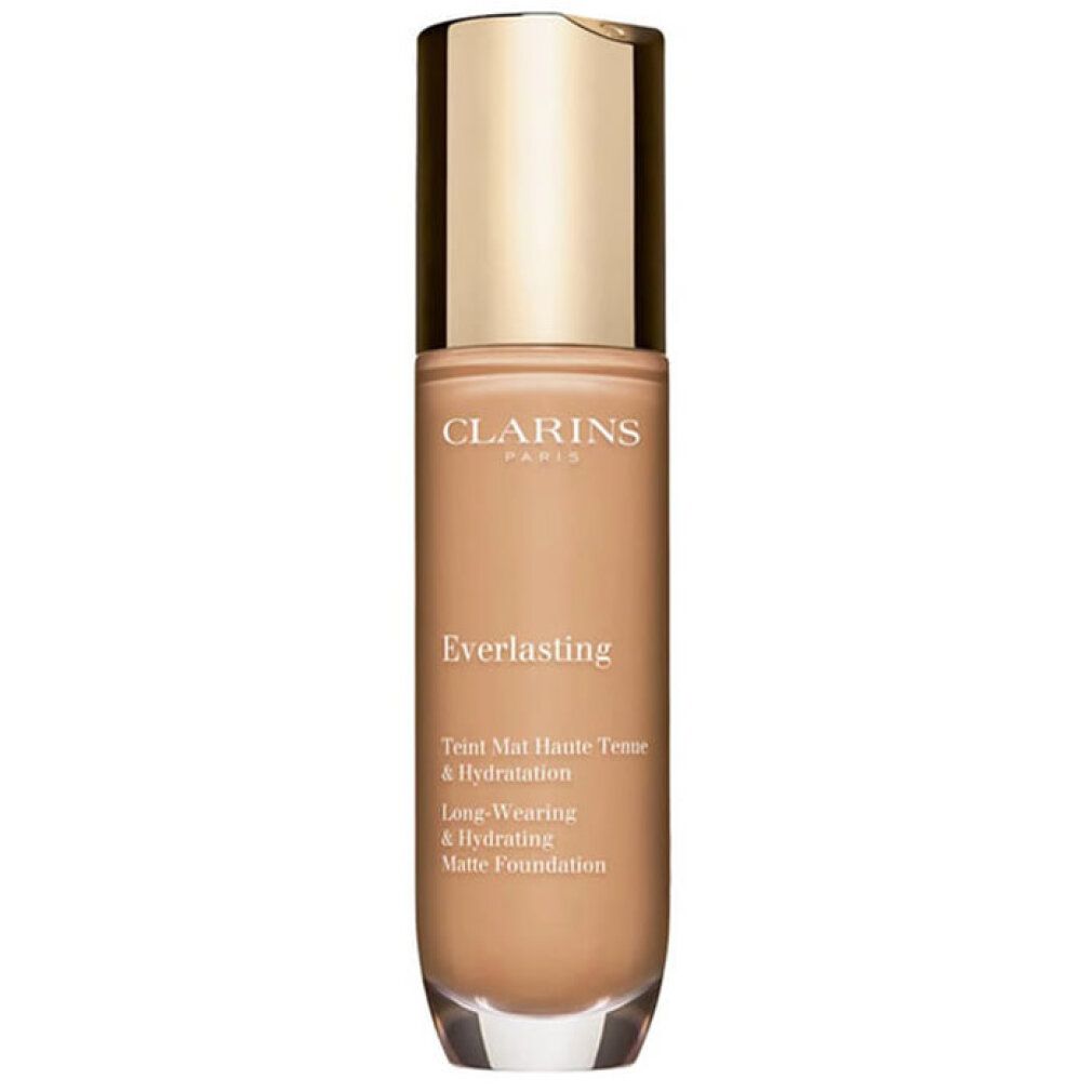 Fondotinta liquido in flacone di vetro con tappo dorato. Scritte: Clarins, Everlasting, Teint Mat Haute Tenue & Hydratation.