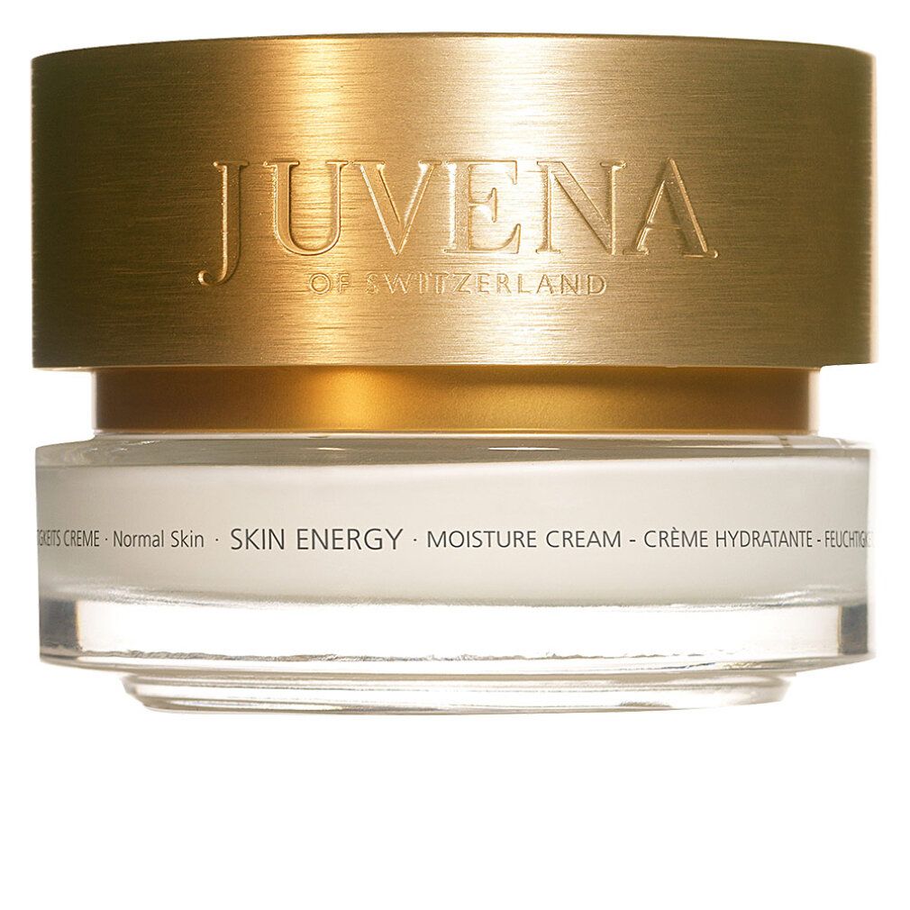 Vasetto di crema con coperchio dorato. Scritta: JUVENA OF SWITZERLAND. Testo: SKIN ENERGY MOISTURE CREAM. Per pelli normali.