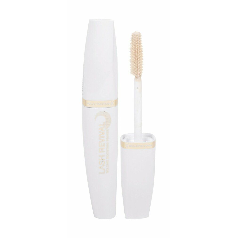 Contenitore di mascara bianco con dettagli dorati e spazzola. Scritta: LASH REVIVAL VOLUME BOOSTING PRIMER. Marchio: Max Factor.