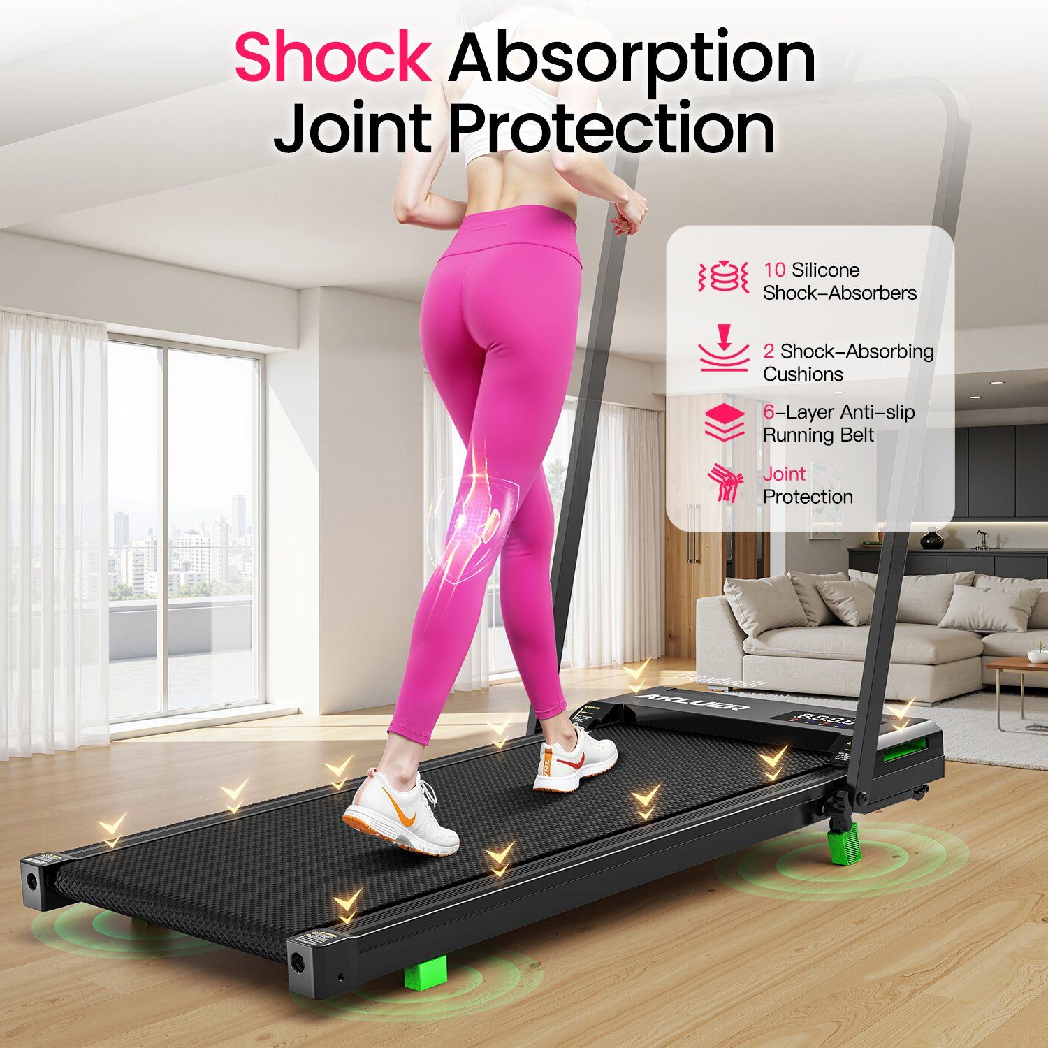 Tapis roulant con donna, mostra 10 ammortizzatori in silicone e protezione articolare.
