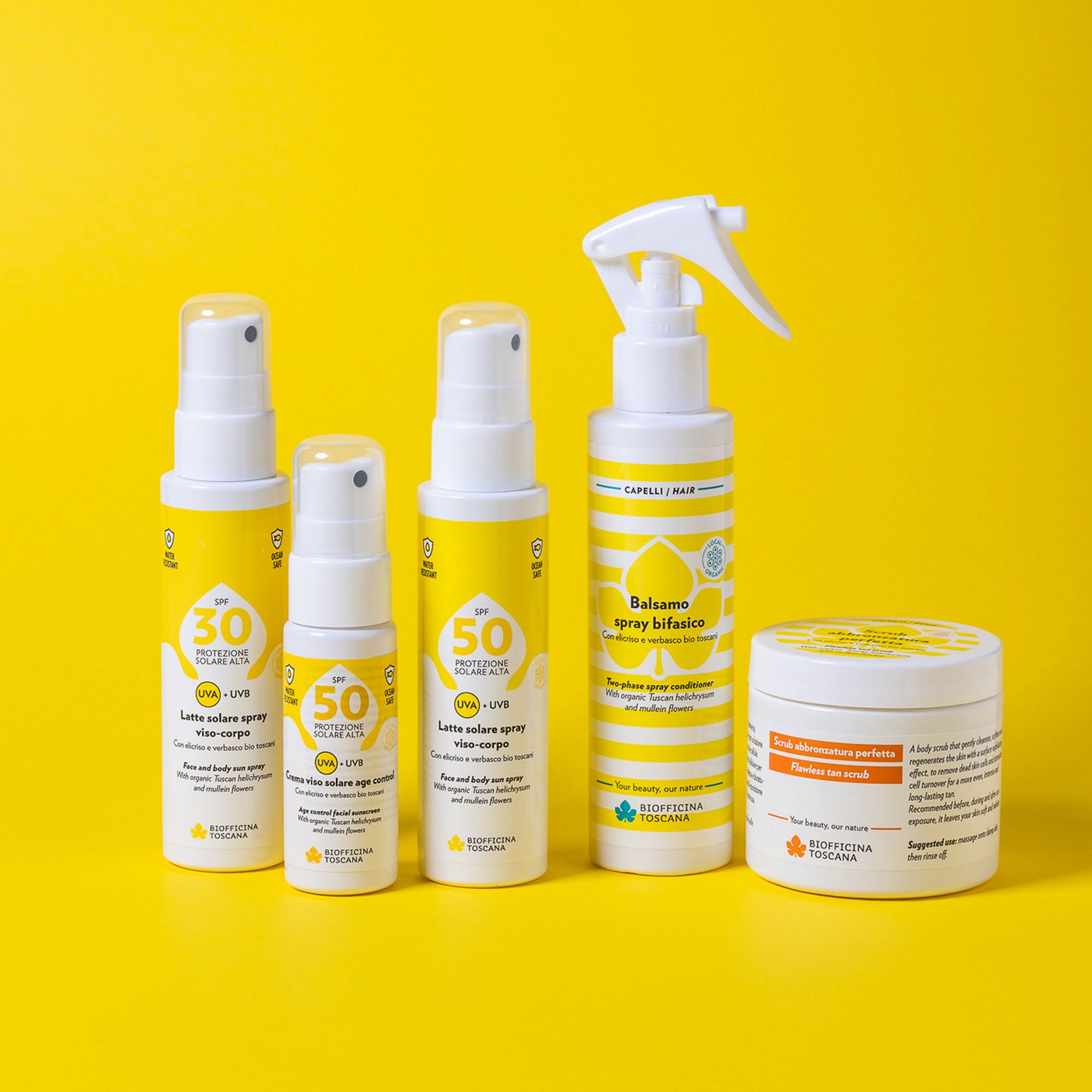 Diversi prodotti su sfondo giallo. Spray e vasetti. Scritte: Balsamo spray bifasico e creme solari.