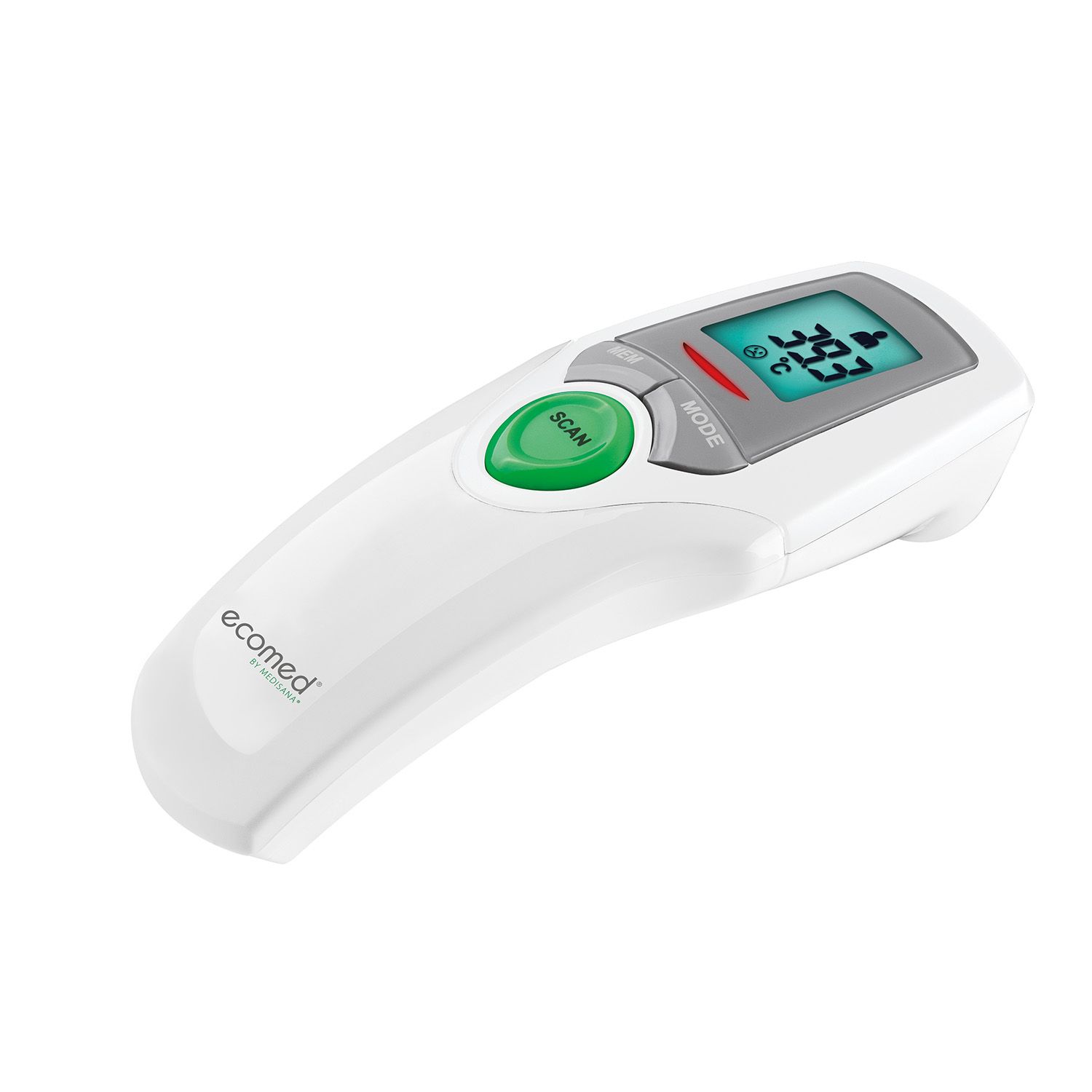 Termometro bianco con display. Pulsante verde SCAN e visualizzazione 39,7 gradi Celsius. Scritta ecomed by medisana.
