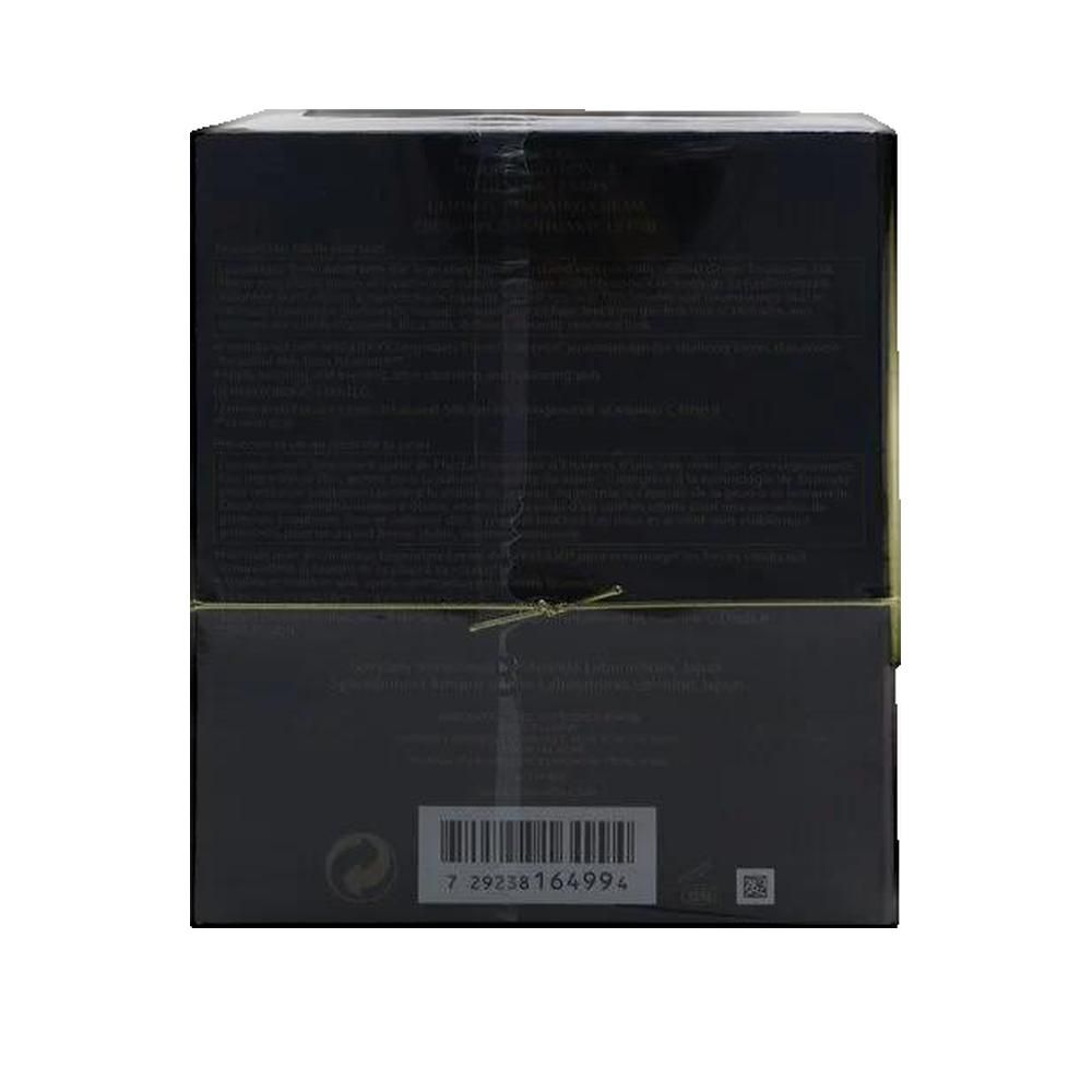 Retro della confezione. Sfondo nero. Testo e codice a barre. Scritta: SHISEIDO, FUTURE SOLUTION LX. Legata con cordino dorato.