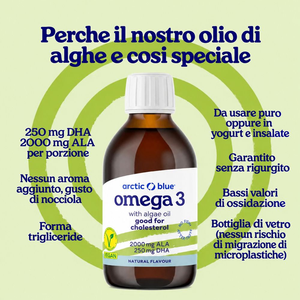 Flacone di olio di alghe Arctic Blue Omega 3, 250 mg DHA, 2000 mg ALA. Flacone in vetro, vegan.