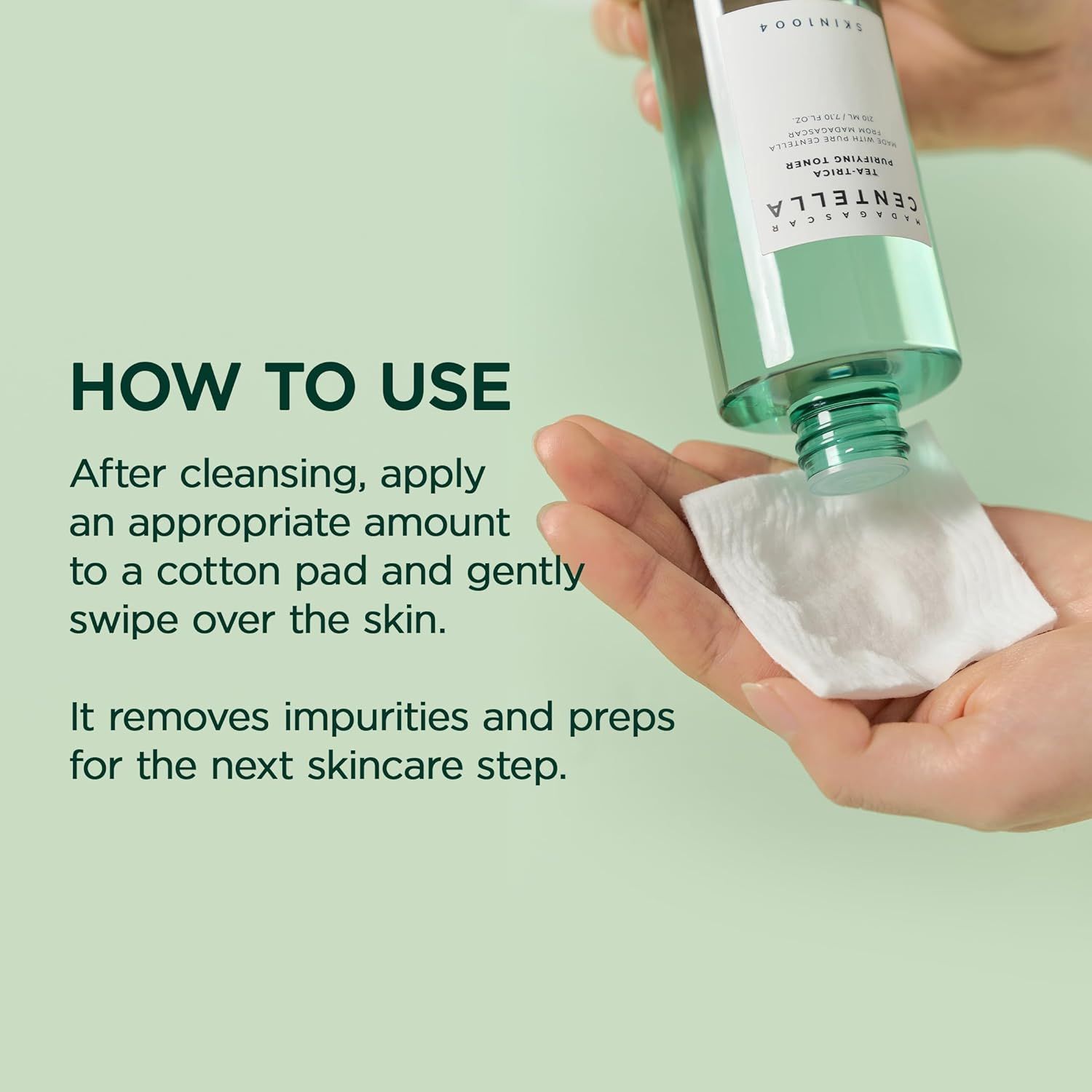 Flacone verde con tappo bianco. Liquido versato su un batuffolo di cotone. Scritta: MADAGASCAR CENTELLA.