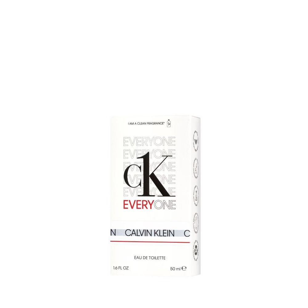 Confezione bianca con logo CK EVERYONE. Testo: CALVIN KLEIN, Eau de Toilette. 50 ml.