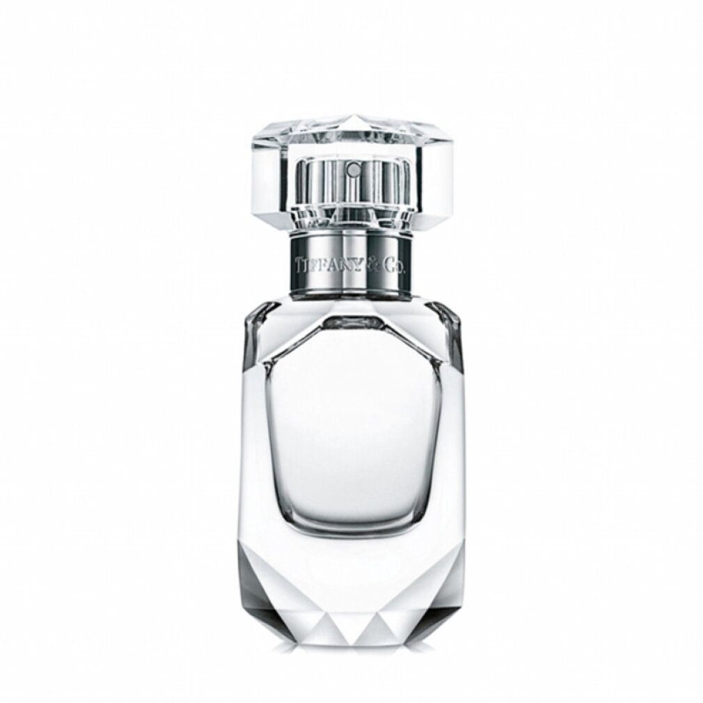 Flacone di profumo con tappo argentato. Flacone trasparente sfaccettato. "Tiffany & Co." sul tappo.