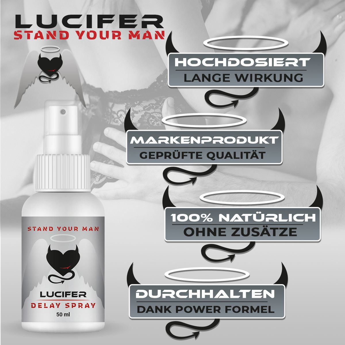 Immagine del prodotto con testo: "LUCIFER STAND YOUR MAN". Grafici con testo: "ALTA DOSE", "PRODOTTO DI MARCA", "100% NATURALE", "RESISTENZA".