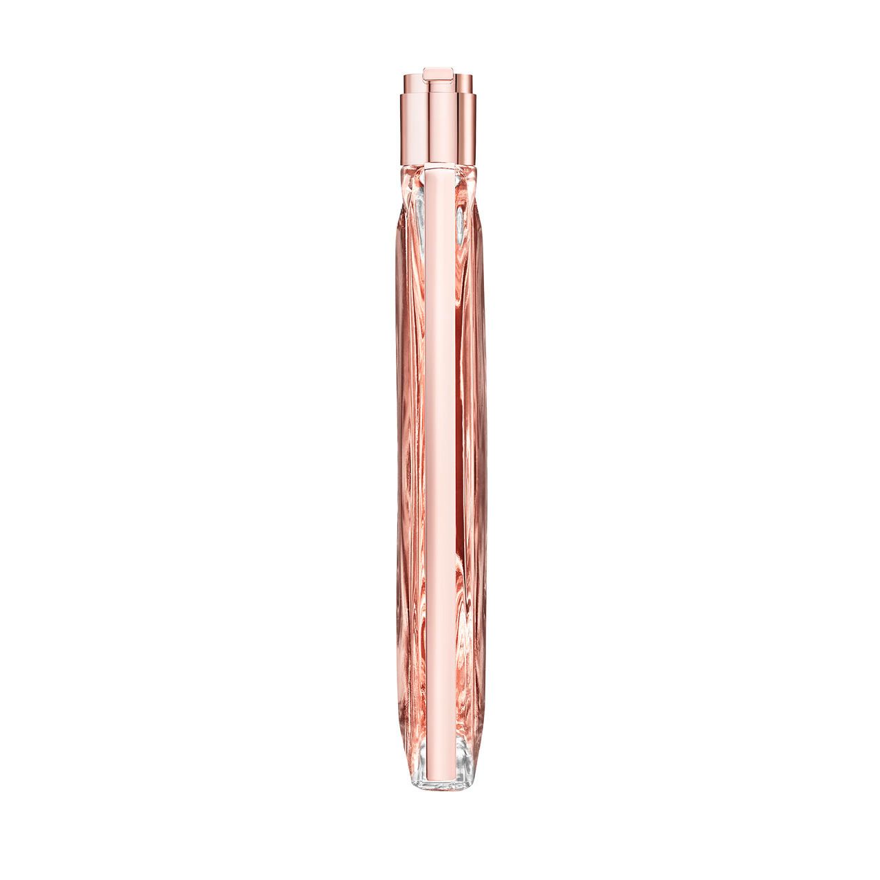 Flacone di profumo sottile con contenuto rosa. Chiusura color oro rosa.