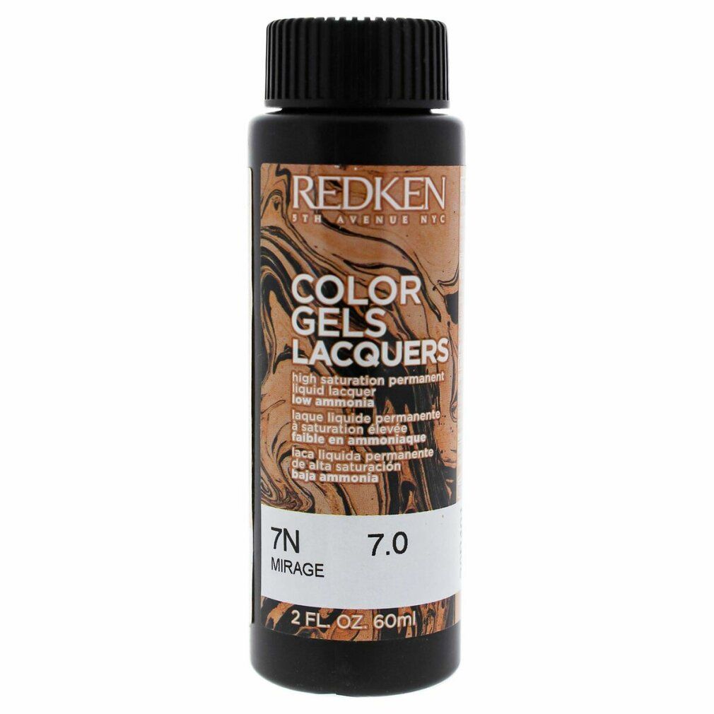 Flacone Color Gels Lacquers, 7N Mirage, 7.0. Tappo nero, liquido marrone. Testo: Redken, Color Gels Lacquers, 2 FL OZ 60ml.