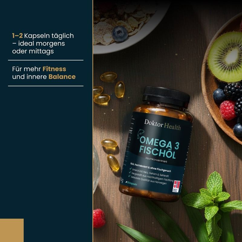 Flacone di Omega-3 Fischöl con capsule e frutta. Testo: 1-2 capsule al giorno. Per più fitness ed equilibrio interiore. Doktor Health, Omega 3 Fischöl.