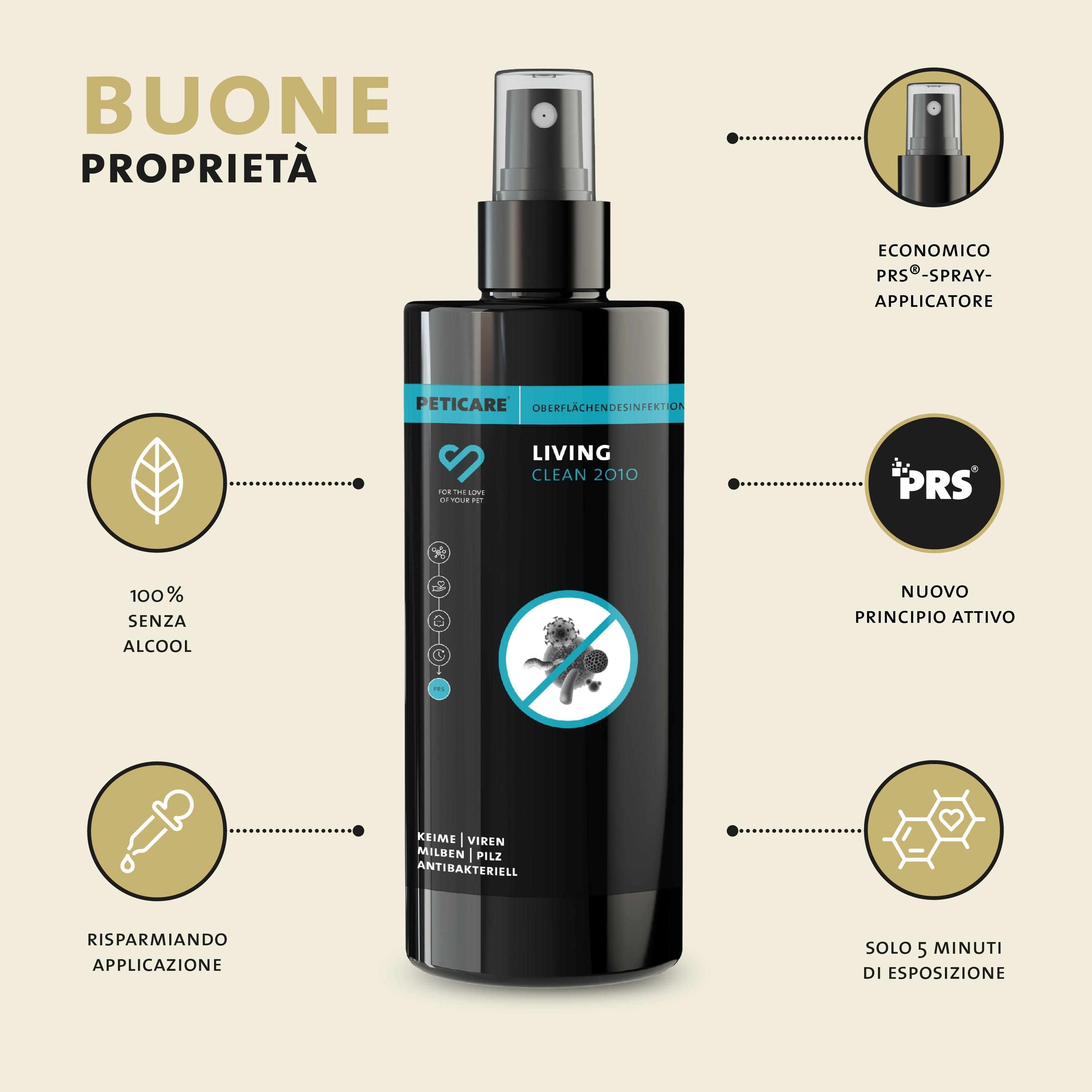 Flacone Peticare con caratteristiche: 100% senza alcol, applicatore PRS economico, 5 min di esposizione.