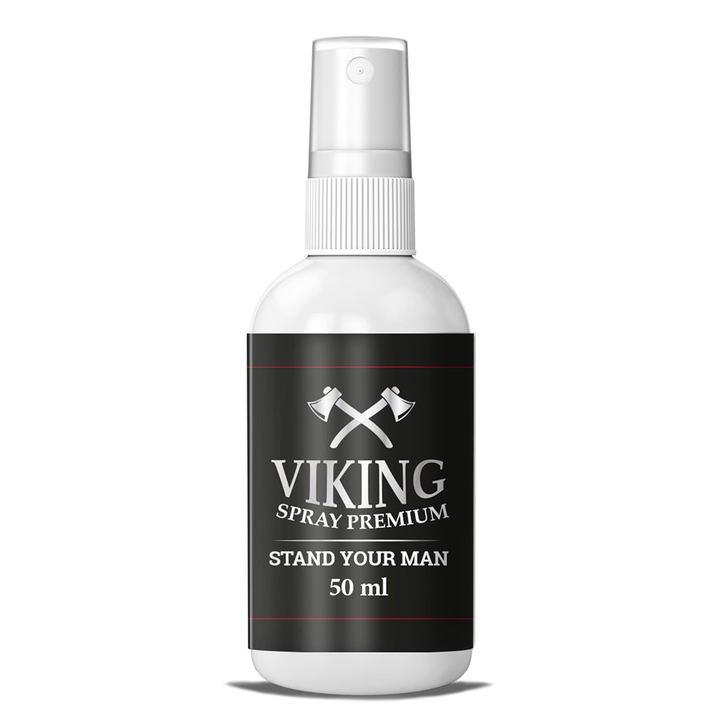 Flacone bianco con vaporizzatore. Etichetta nera con "VIKING SPRAY PREMIUM", asce incrociate e testo. 50 ml.