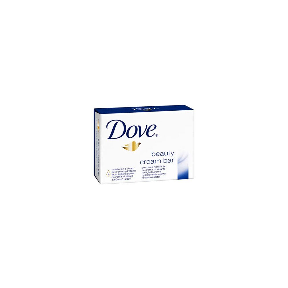 Confezione Dove Beauty Cream Bar. Bianca con logo Dove blu e nome del prodotto. Contiene testo in più lingue.