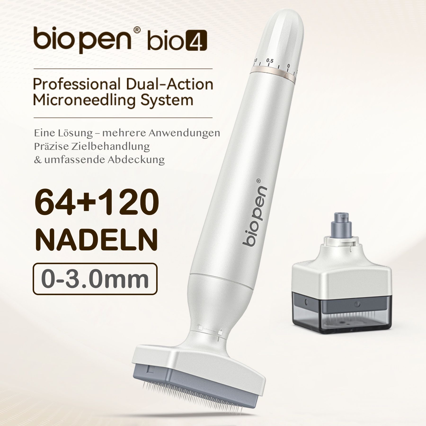Sistema di microneedling. Dispositivo argentato con 64+120 aghi e 0-3,0 mm. Include una punta separata.