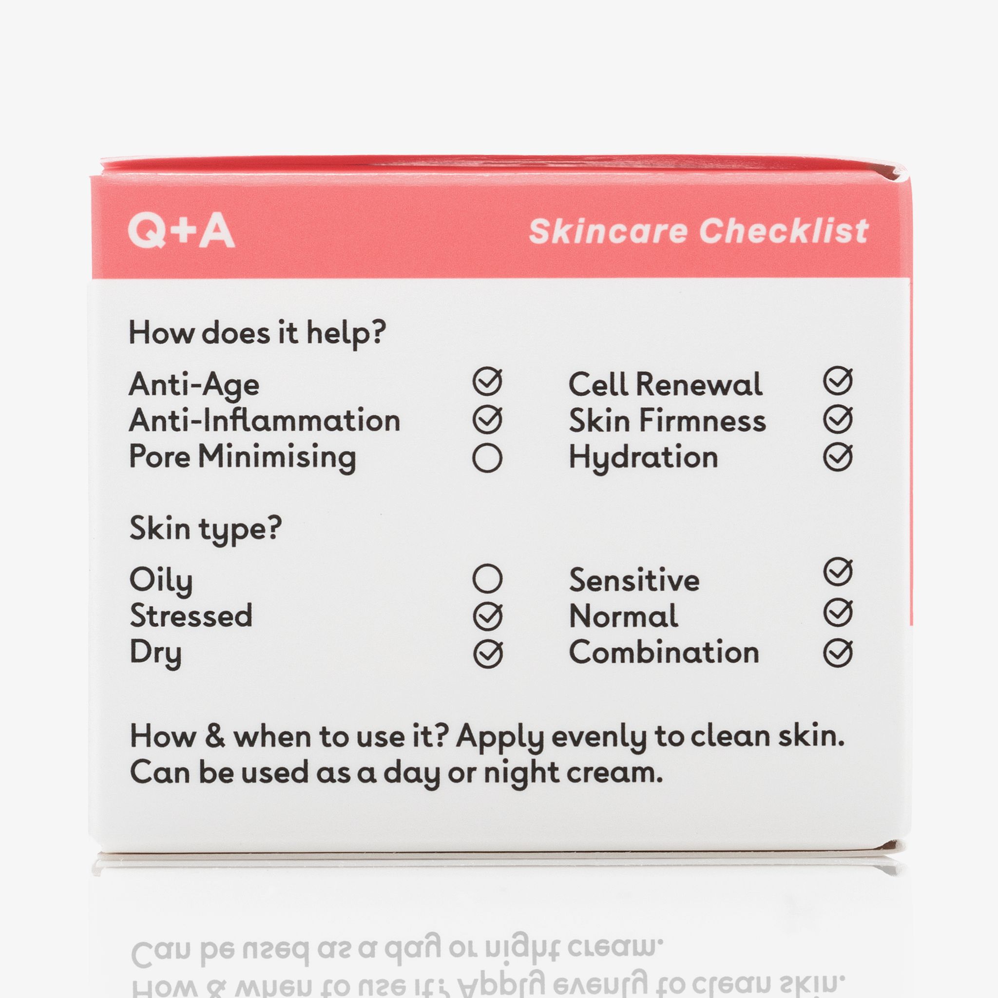 Retro della confezione Q+A Collagen Face Cream. Elenco dei benefici e dei tipi di pelle. Istruzioni per l'uso.
