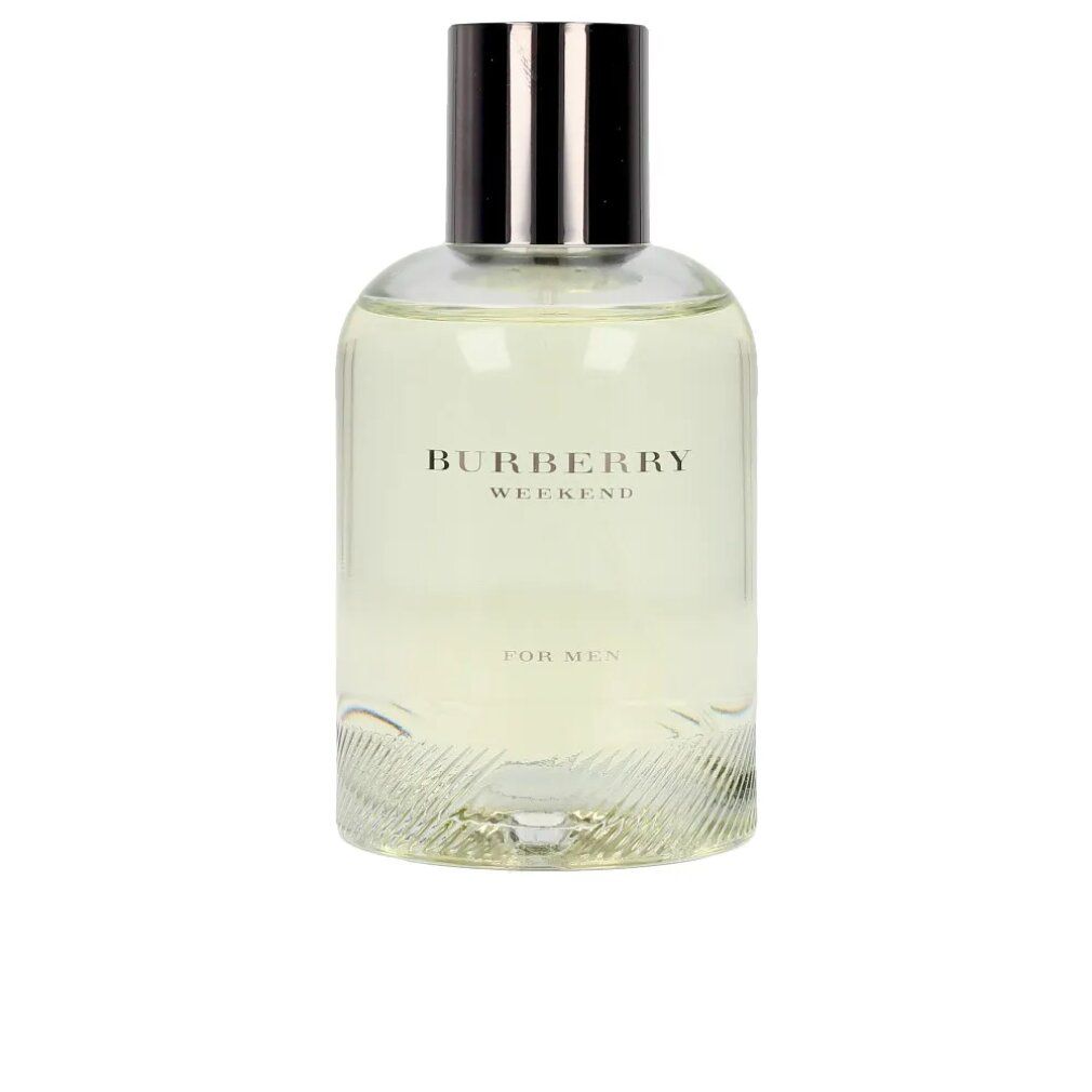 Flacone Burberry Weekend. Flacone trasparente con tappo argentato. Testo: Burberry Weekend, For Men.