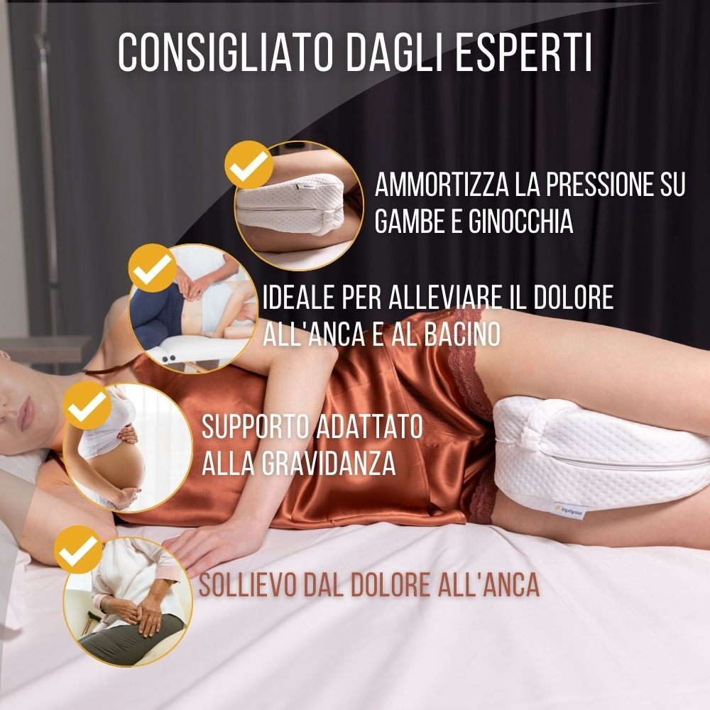 Donna sdraiata con cuscino tra le gambe. Testo: Consigliato dagli esperti. Adatto alla gravidanza.