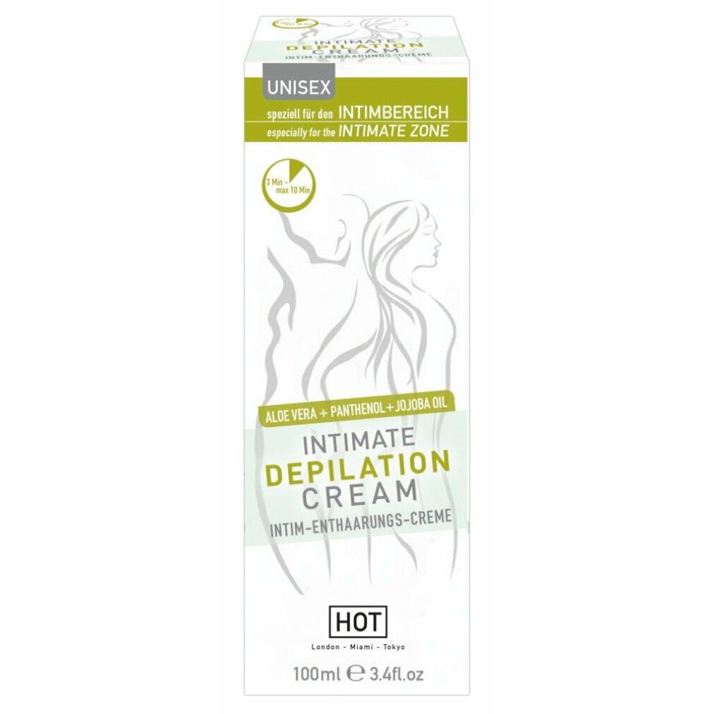 Scatola con scritta: INTIMATE DEPILATION CREAM. Contiene aloe vera, pantenolo, olio di jojoba. Marca: HOT. Unisex. Per zona intima.