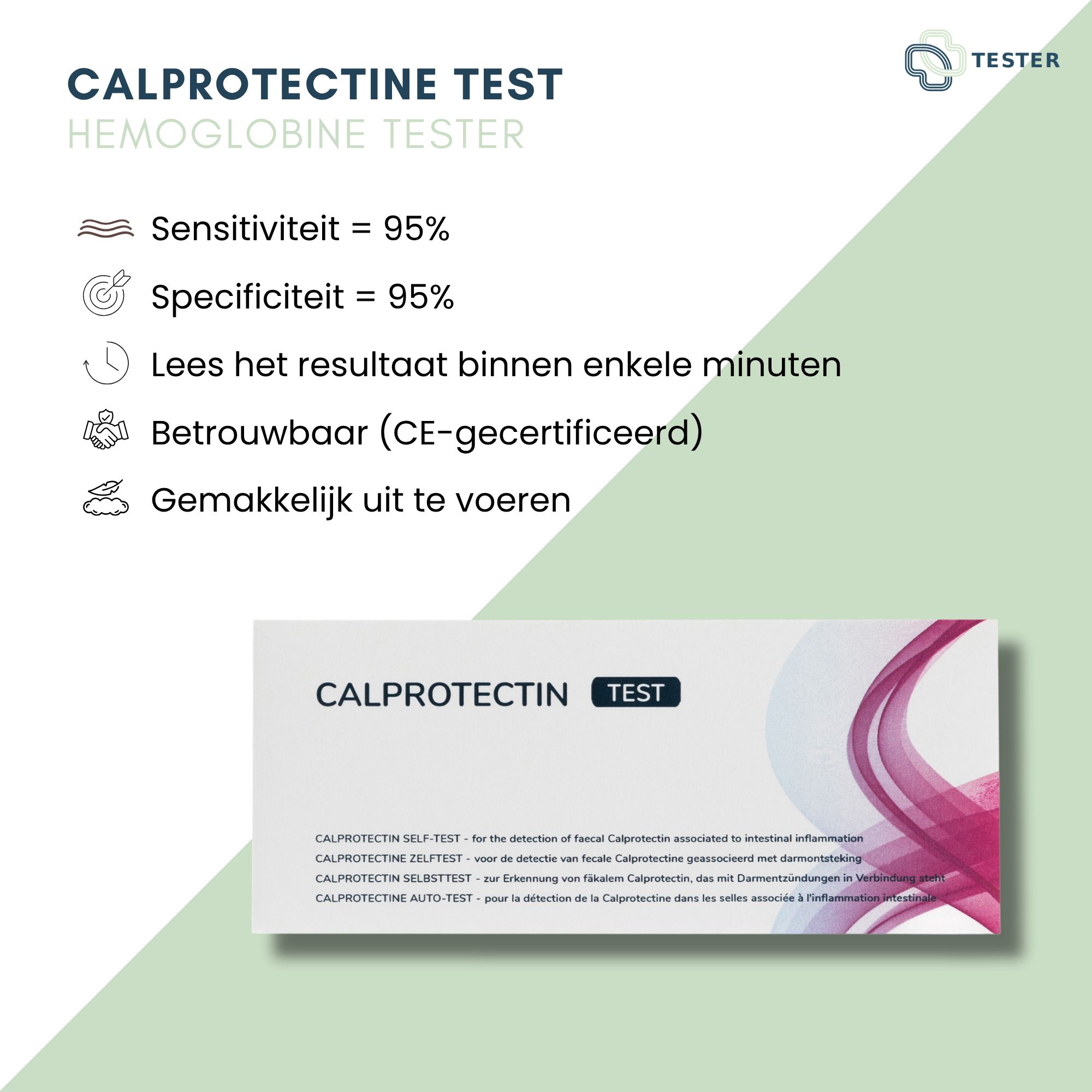 Testo con informazioni sul test. Sensibilità 95%, specificità 95%. Risultato in pochi minuti. Certificato CE. Facile da eseguire.