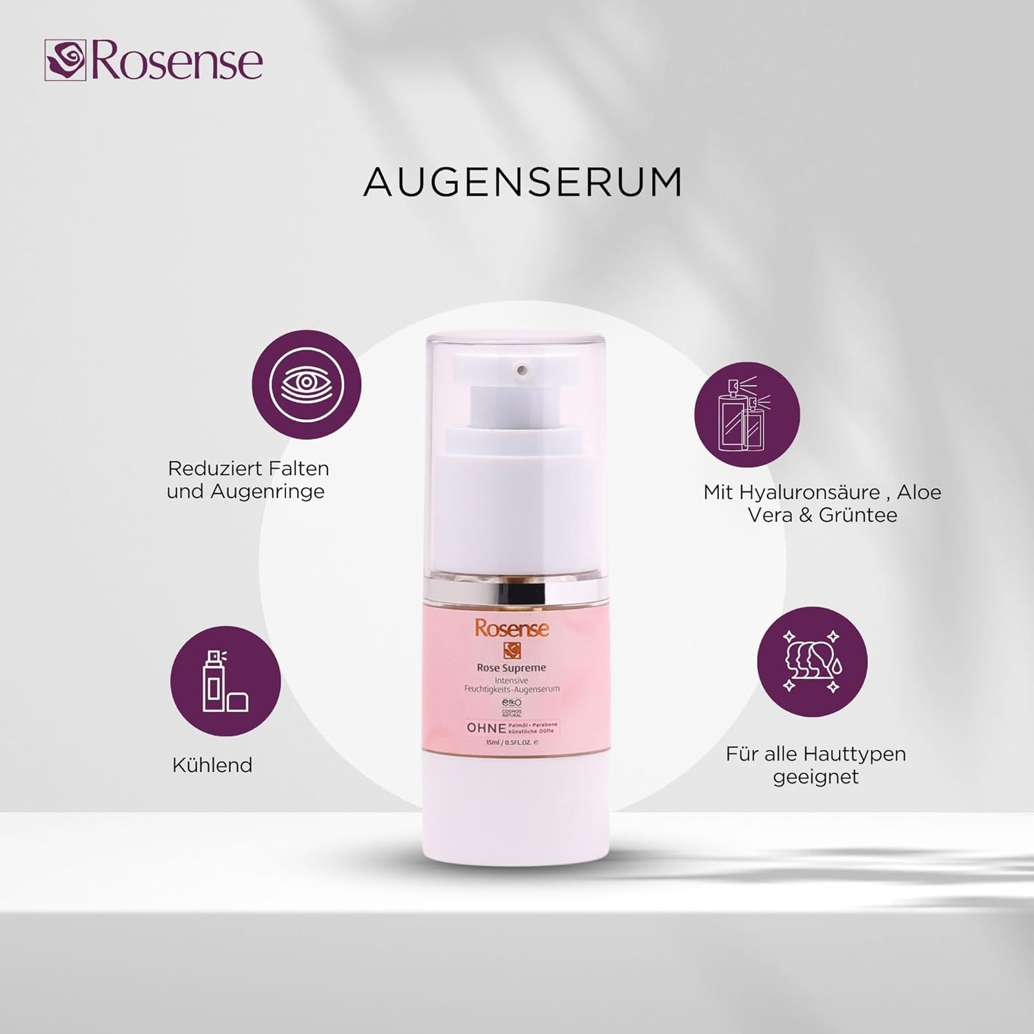 Rosense Supreme Augenserum con icone. Riduce le rughe, con acido ialuronico, per tutti i tipi di pelle, rinfrescante. Dispenser bianco.