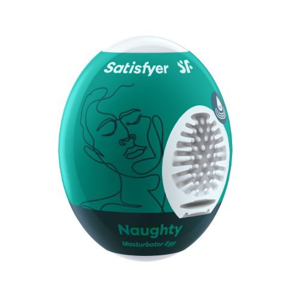 Confezione ovale verde e bianca. Scritta: "Satisfyer". Illustrazione di un volto. Testo: "Naughty Masturbator Egg".
