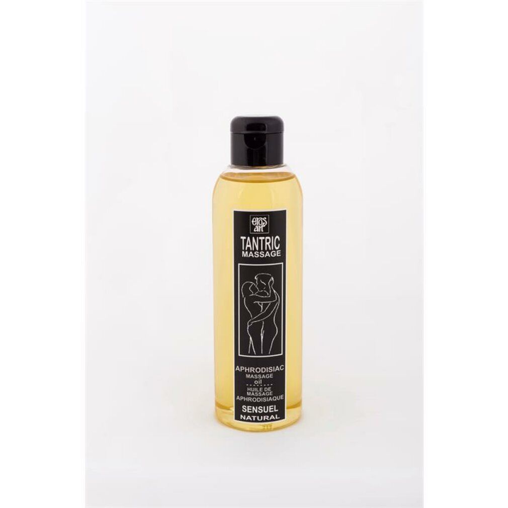 Flacone trasparente con tappo nero. Scritta: Tantric Massage, Aphrodisiac. Liquido giallo visibile.