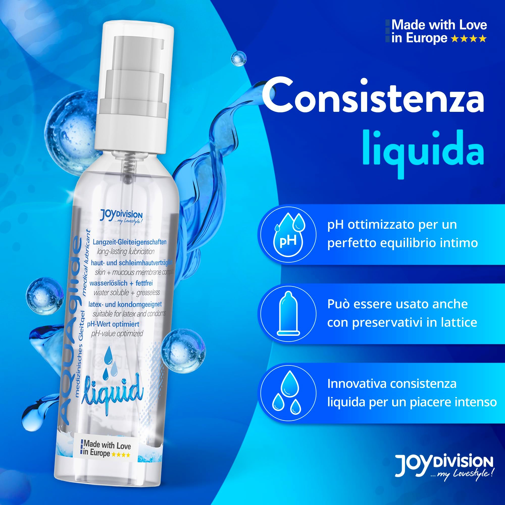 Joydivision AQUA GLIDE Liquid lubrificante, pH ottimizzato, compatibile lattice.