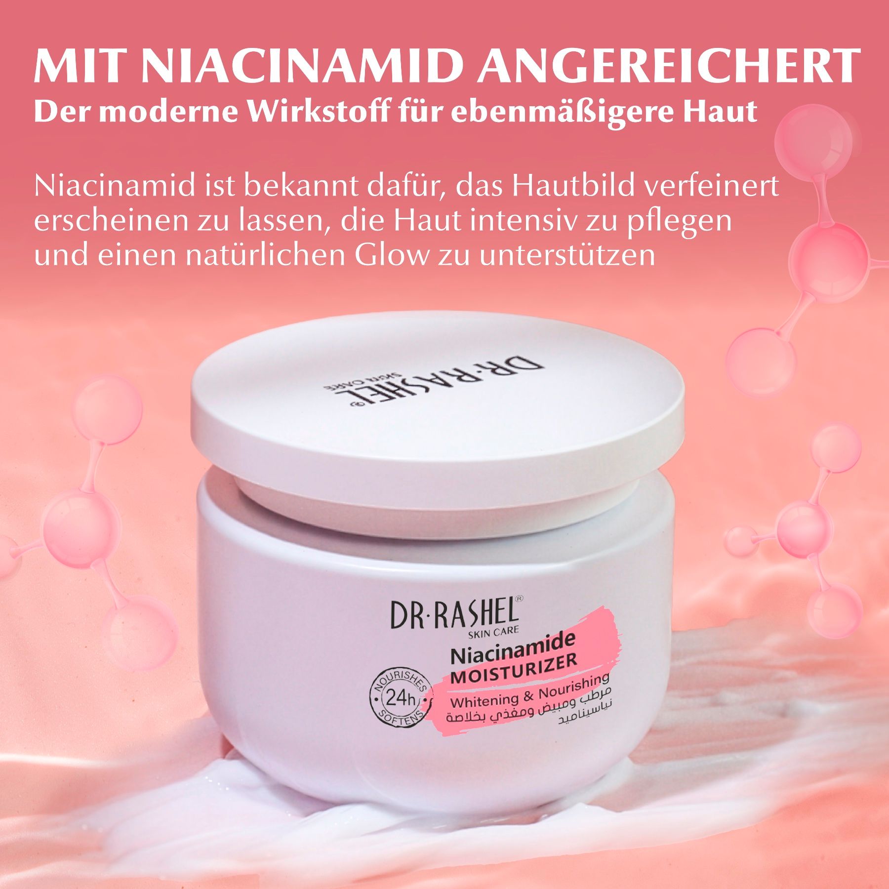 Vasetto di crema bianco con scritta 'Dr. Rashel Niacinamide Moisturizer'.