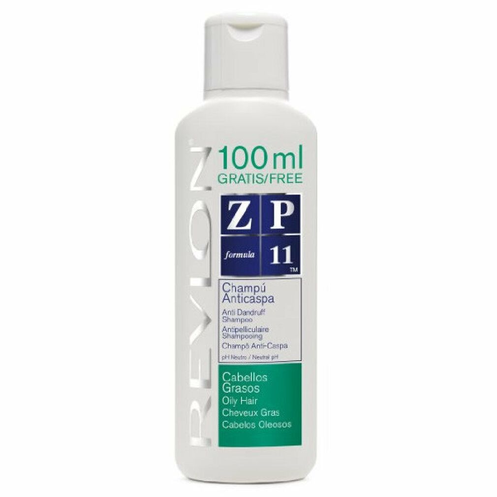 Flacone di shampoo bianco con etichetta verde e bianca. Testo: Revlon, ZP 11, Champú Anticaspa, Cabellos Grasos. Gratis/Free.