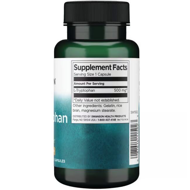 Retro di un flacone verde. Etichetta con informazioni nutrizionali per L-Triptofano 500 mg e ingredienti.