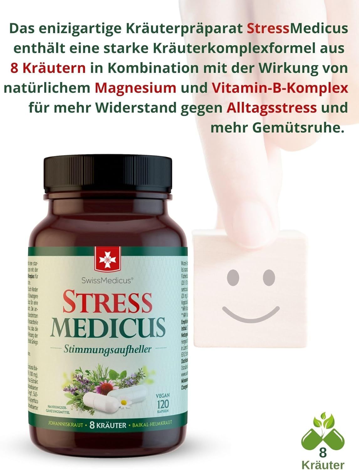 Flacone marrone con stampa del prodotto. Scritta: Stress Medicus, Stimmungaufheller. Contiene 8 erbe. Vegano. Blocco di legno con smiley.