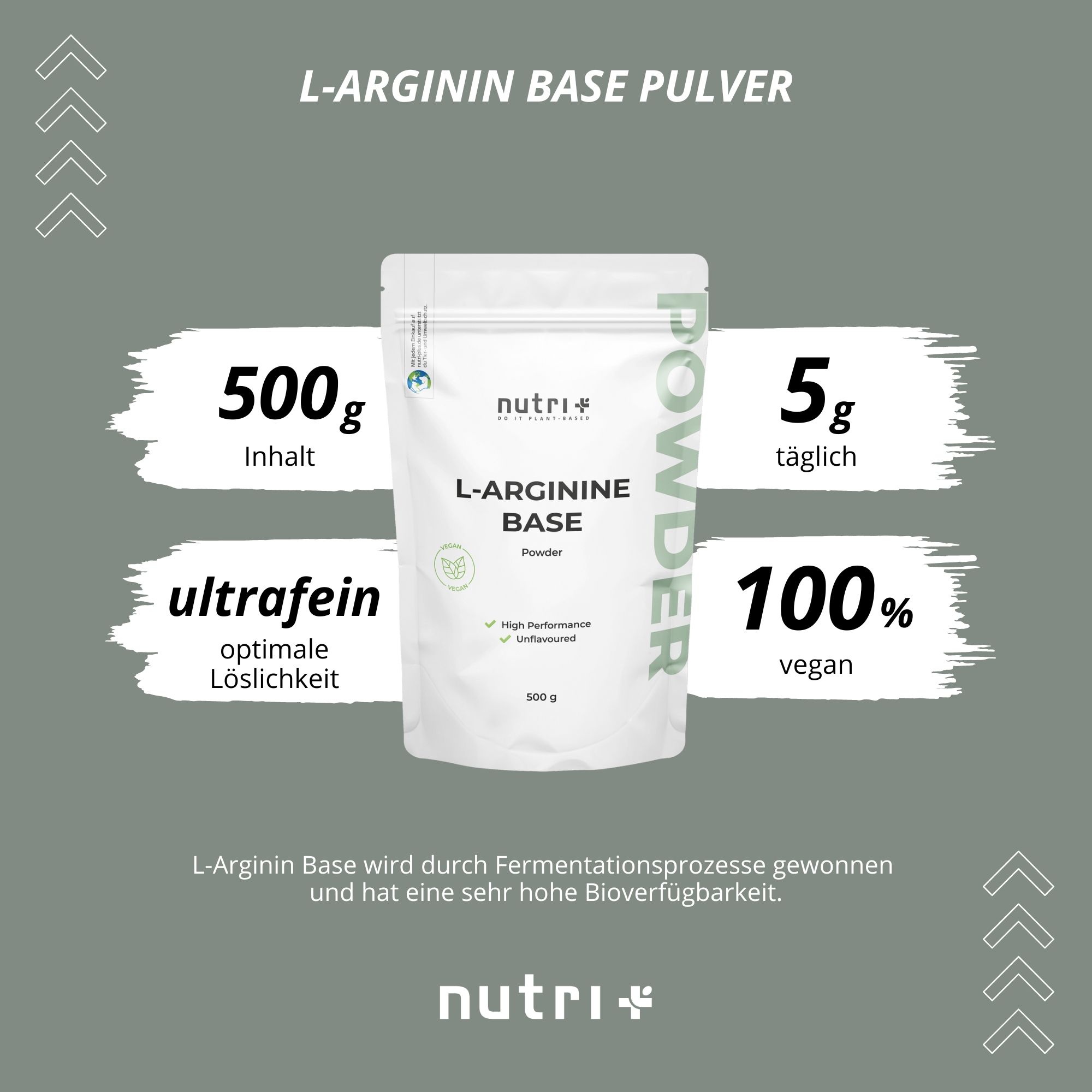 Grafica con nutri+ L-Arginina Base Pulver. Contenuto 500g, ultrafine, 5g al giorno, 100% vegano.