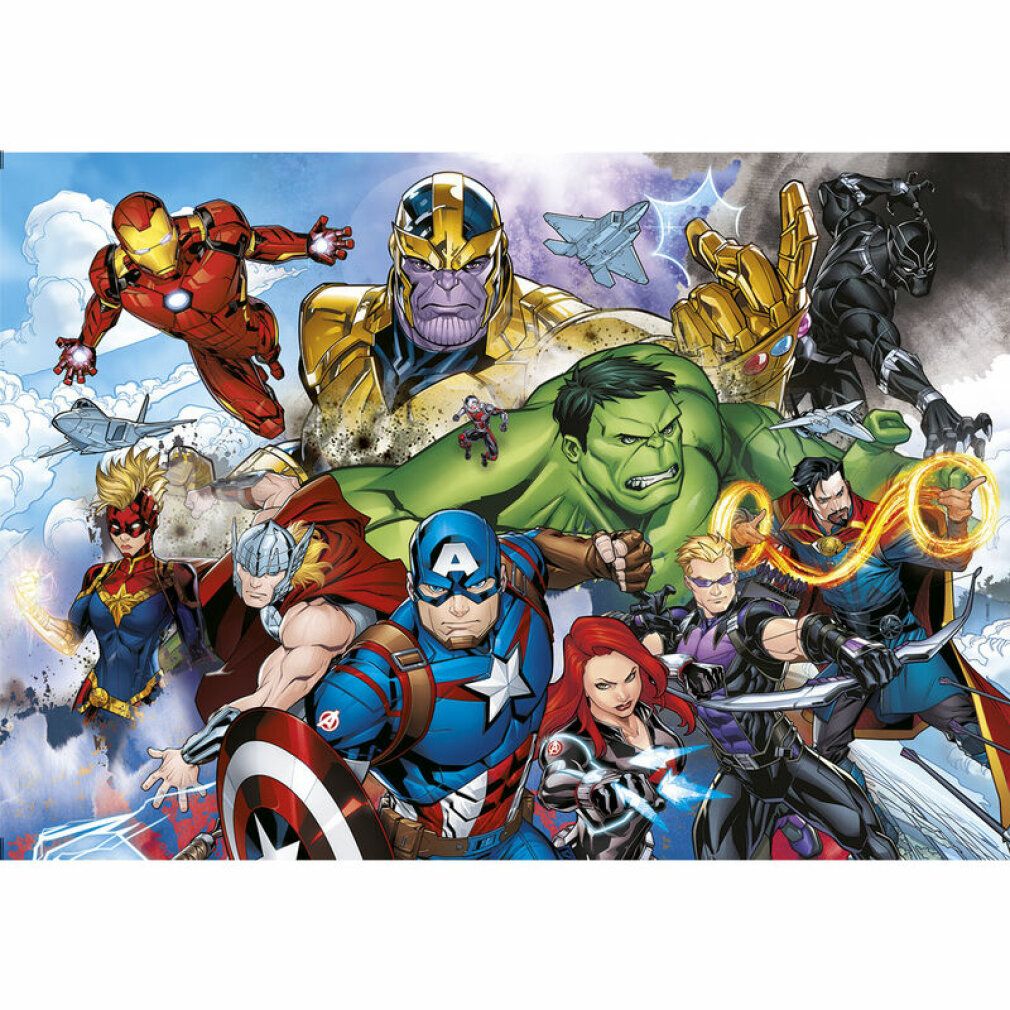 Puzzle con motivo Marvel Avengers. Rappresentazione di vari personaggi degli Avengers. Sfondo: cielo e nuvole. Nessun imballaggio visibile.