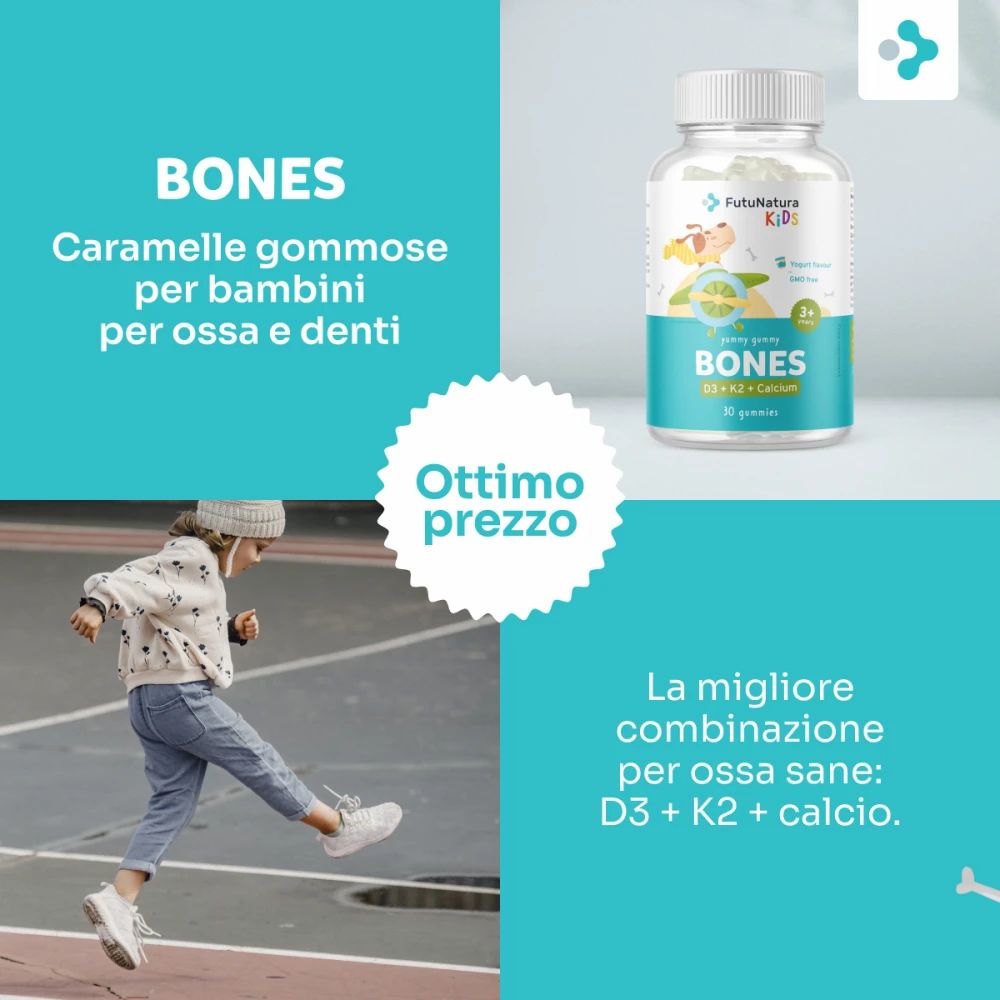 Flacone di FutuNatura Ossea Gommose per Bambini con D3+K2+Calcio.