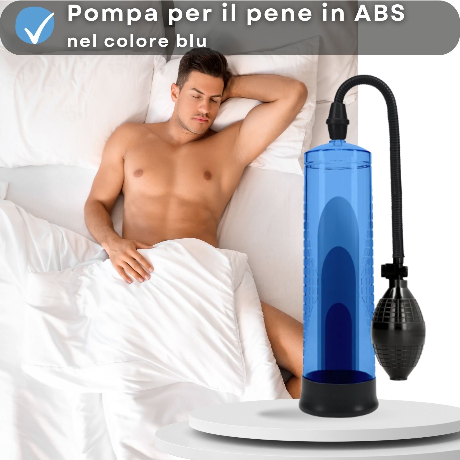 Uomo e donna a letto. Pompa blu con pompetta. Su superficie bianca.
