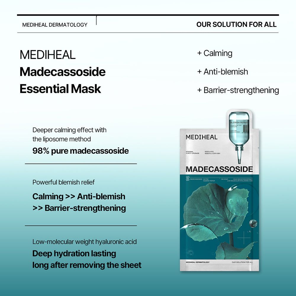 Confezione MEDIHEAL Madecassoside Essential Mask. Testo: Madecassoside, Calmante, Anti-imperfezioni, Rinforza la barriera.